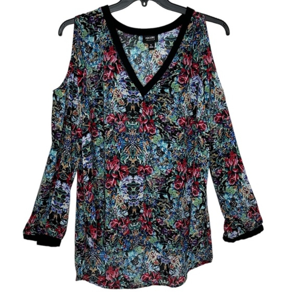 Nicole Miller floral Cold shoulder deep split V-neck high low blouse size  XL